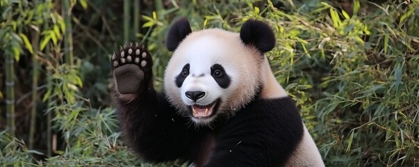 A happy panda waving at the viewer with an open paw