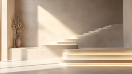 Naklejka premium An elegant beige interior featuring a decorative vase and staircase
