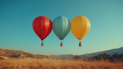 Naklejka premium Four colorful balloons red, yellow, light blue float gently against a clear blue sky, creating a vibrant scene.