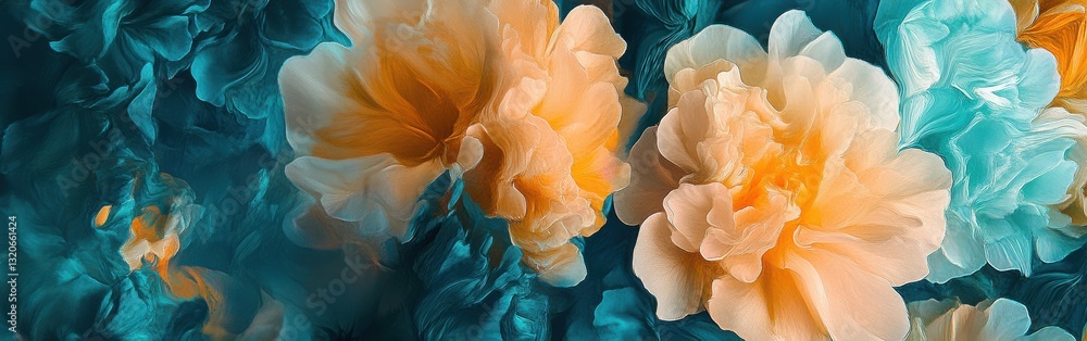 Poster Soft amber and teal flower arrangement creating a harmonious and free-flowing visual experience