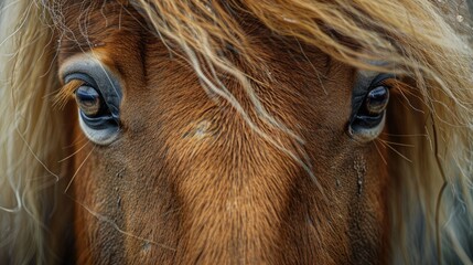 Close-up of a pony's expressive eyes and flowing mane, capturing the beauty and detail of its features in natural light.