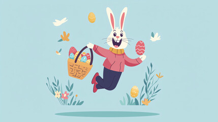 A flat design vector of a joyful Easter bunny jumping with a basket of eggs, in a clean and modern style, capturing the playful spirit of Easter with vibrant colors and simple shapes