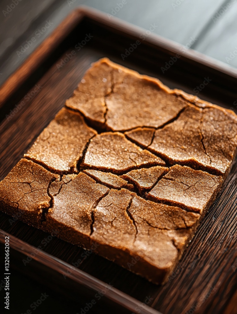 Poster square piece of brownie on a wooden tray. the brownie appears to be freshly baked and has a criss-cr