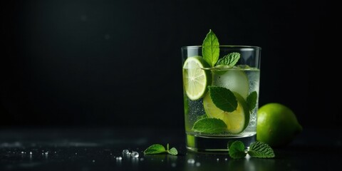 Refreshing Lime and Mint Drink in a Glass on Dark Background