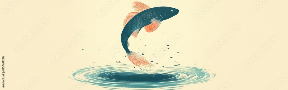 Poster silhouette of a fish jumping out of water creating ripples in a minimalist design