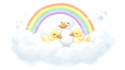 Whimsical Duck Family Under a Rainbow