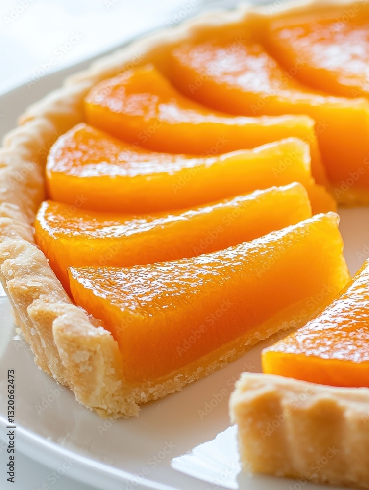 Poster close-up of a peach tart on a white plate. the tart has a golden-brown crust and is filled with slic