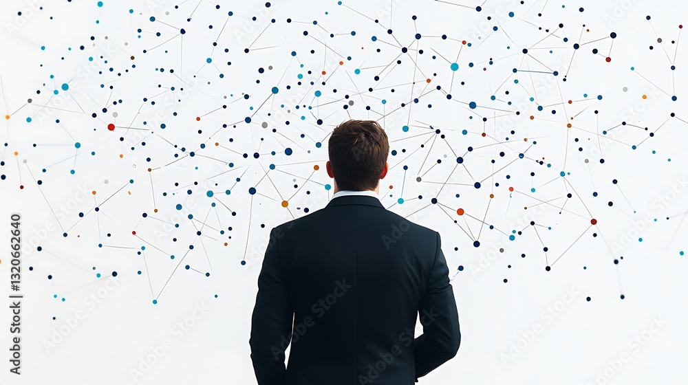 Poster a man in a suit stands before a colorful abstract wall, contemplating the interconnected dots and li