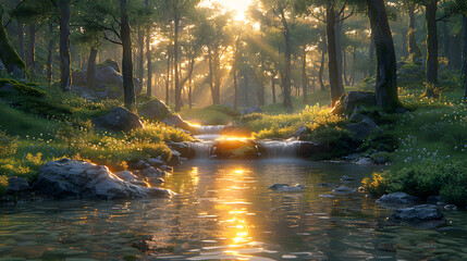 Fototapeta premium Serene forest landscape with a flowing stream reflecting sunlight, surrounded by lush greenery and rocks