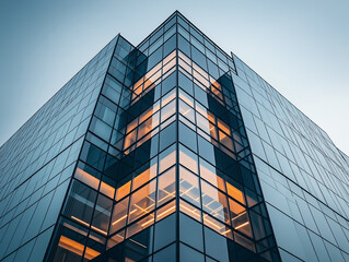Modern Glass Office Building with Reflective Windows and Warm Interior Lights, Showcasing Contemporary Architecture, Urban Business Environment, Corporate Skyscraper, and Commercial Real Estate in Cit