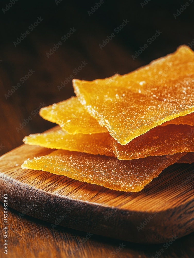 Poster stack of orange-colored crackers on a wooden cutting board. the crackers are arranged in a neat stac