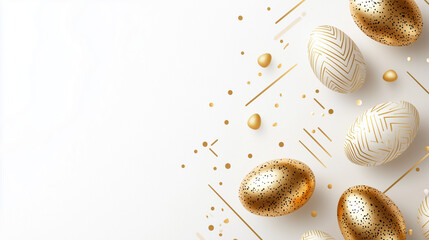 Fototapeta premium A minimalist flat lay Easter invitation template featuring golden eggs, modern typography, and geometric patterns, creating a stylish and elegant design for the holiday season. 