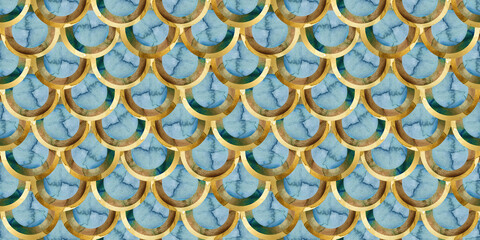 Mermaid fish scale wave luxury golden seamless pattern. Watercolor hand drawn Scales shaped texture. © Елена Фаенкова