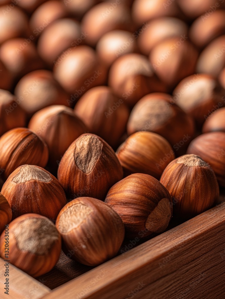 Aufkleber close-up of a wooden box filled with hazelnuts. the box is made of light-colored wood and has a smoo