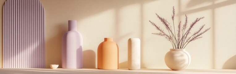 Vases and decor with muted lavender gradient fill basking in natural light on a shelf