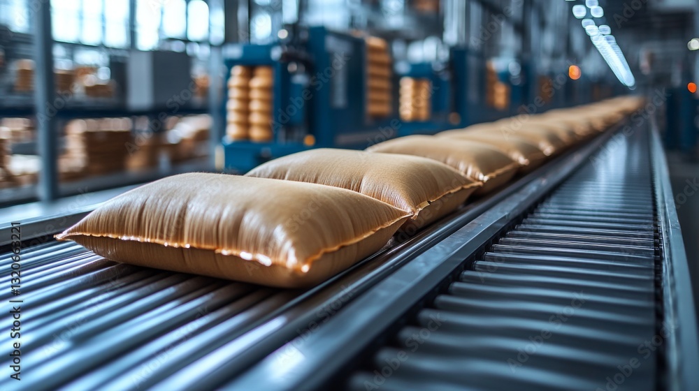 Poster bags of materials move along a conveyor belt in a manufacturing facility, showcasing automation and 
