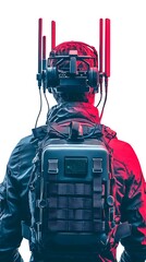 Fototapeta premium A figure wearing a high-tech headset and backpack, equipped with antennas, stands against a vibrant background, suggesting a futuristic or tech-driven scenario.