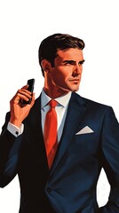 Naklejka premium A stylish man in a suit holding a phone, exuding confidence and sophistication, with a focused expression.