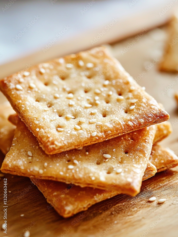 Poster stack of four crackers on a wooden surface. the crackers are golden brown in color and have a crispy