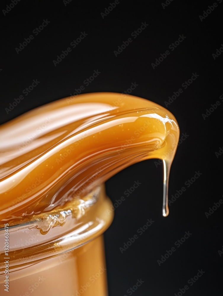 Poster close-up of a jar of honey. the jar is made of glass and has a golden-brown color. the honey is drip