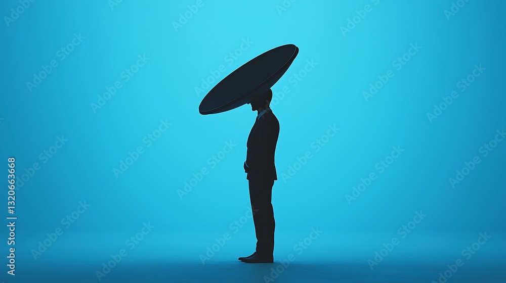 Poster a silhouette of a person standing against a blue background, holding a large circular object above t