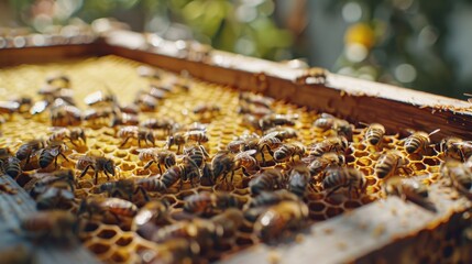 Close-up of bees working on a honeycomb in a beehive, showcasing the intricate patterns and activity in a natural setting.