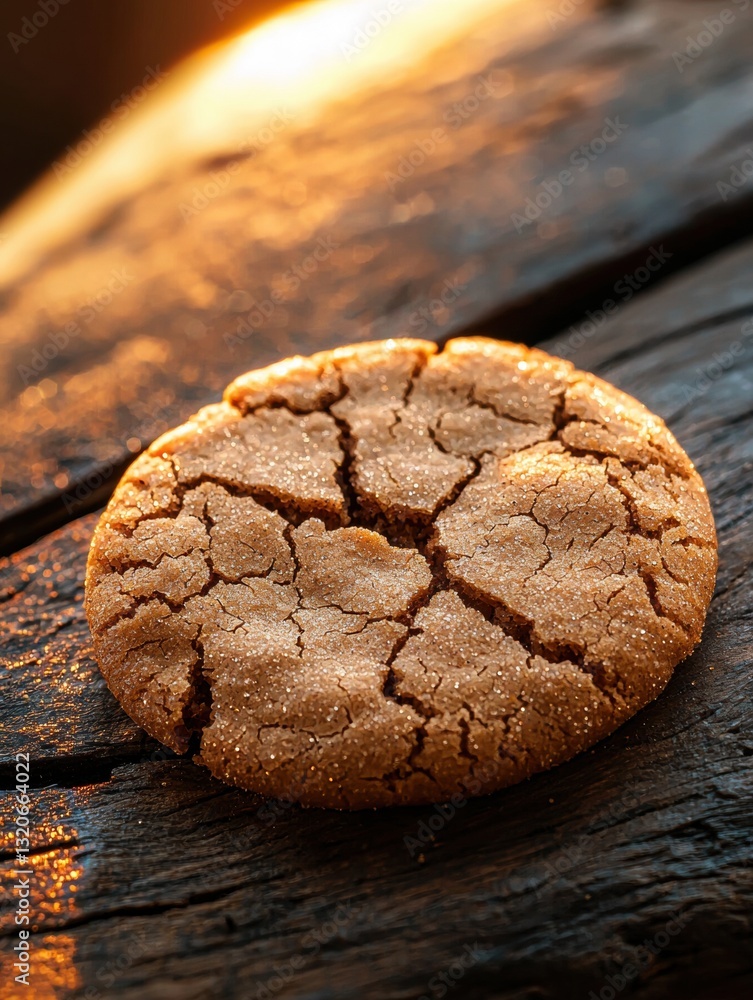 Poster close-up of a round cookie on a wooden surface. the cookie appears to be freshly baked and has a cri