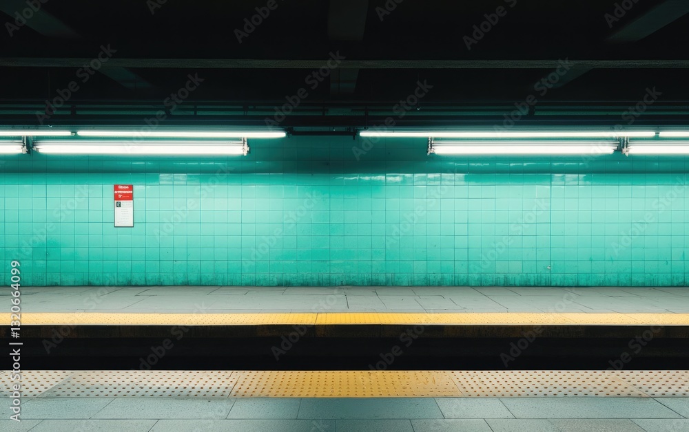 Poster empty subway station platform with teal tiled walls and yellow lines on the platform. the lighting i