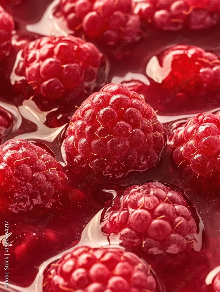 Poster close-up of a group of raspberries. the berries are bright red in color and appear to be ripe and ju