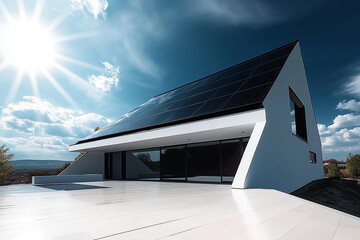 Fototapeta premium Modern House with Solar Panels on Roof Harnessing Renewable Energy from the Sun, Featuring Blue Sky and Sunlight Reflection, Promoting Sustainable Living, Green Technology, and Energy Efficiency Solut