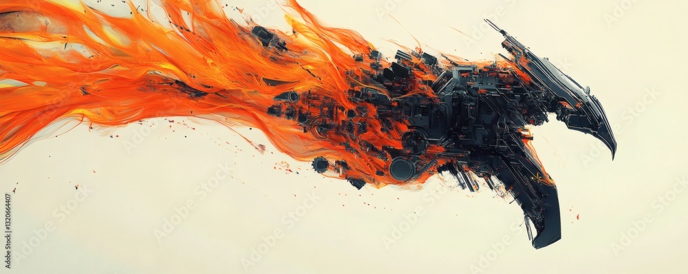 Poster abstract image depicting a fiery mechanical structure in flight
