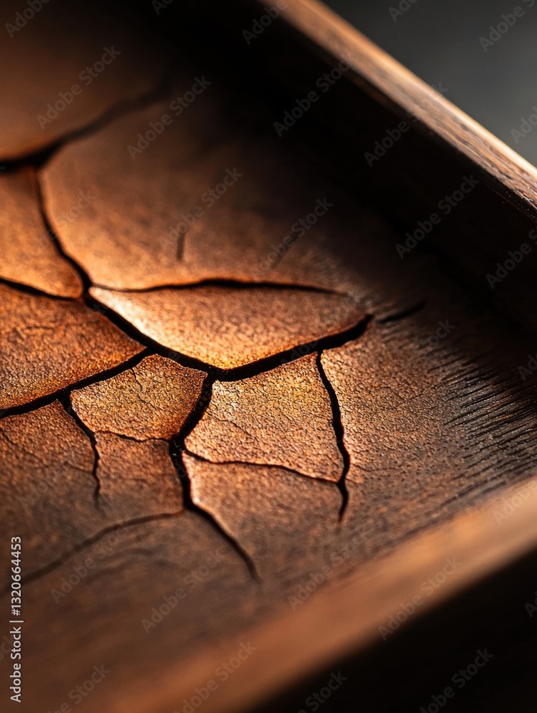 Poster close-up of a wooden surface with a crack running through it. the crack appears to be deep and wide,