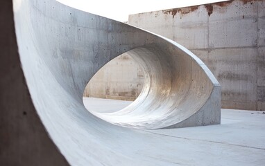 Abstract gray concrete sculpture with a curved, wave-like form creating an oval opening. The sculpture is set against a backdrop of rough, unfinished concrete walls, suggesting an outdoor or