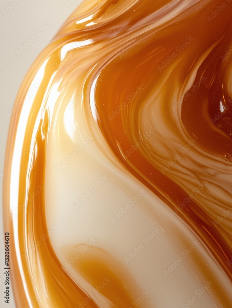 Poster close-up of a liquid substance, which appears to be caramel or caramel sauce. the liquid is flowing 