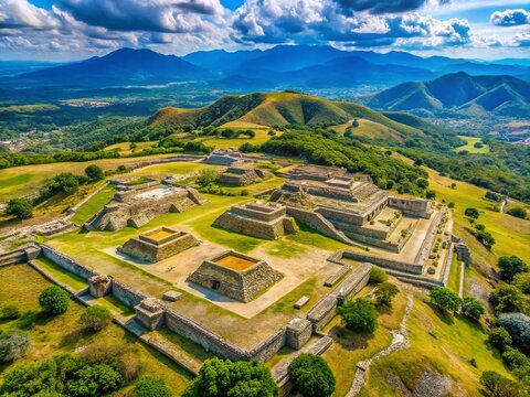 Aerial View of Yagul Archaeological Site, Oaxaca, Mexico: Ancient Ruins and Landscape
