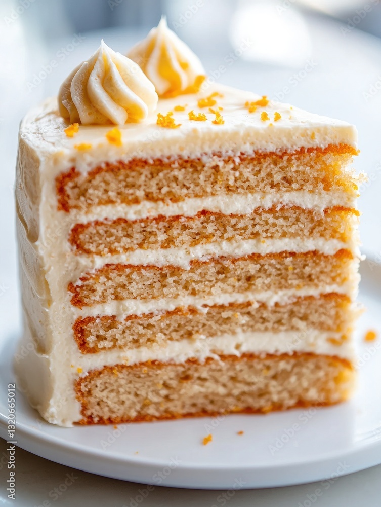Poster the image is of a slice of cake on a white plate. the cake has a layer of orange frosting on top, wi
