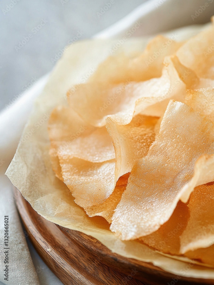 Poster close-up of a wooden plate with a pile of orange-colored chips on it. the chips are arranged in a cr