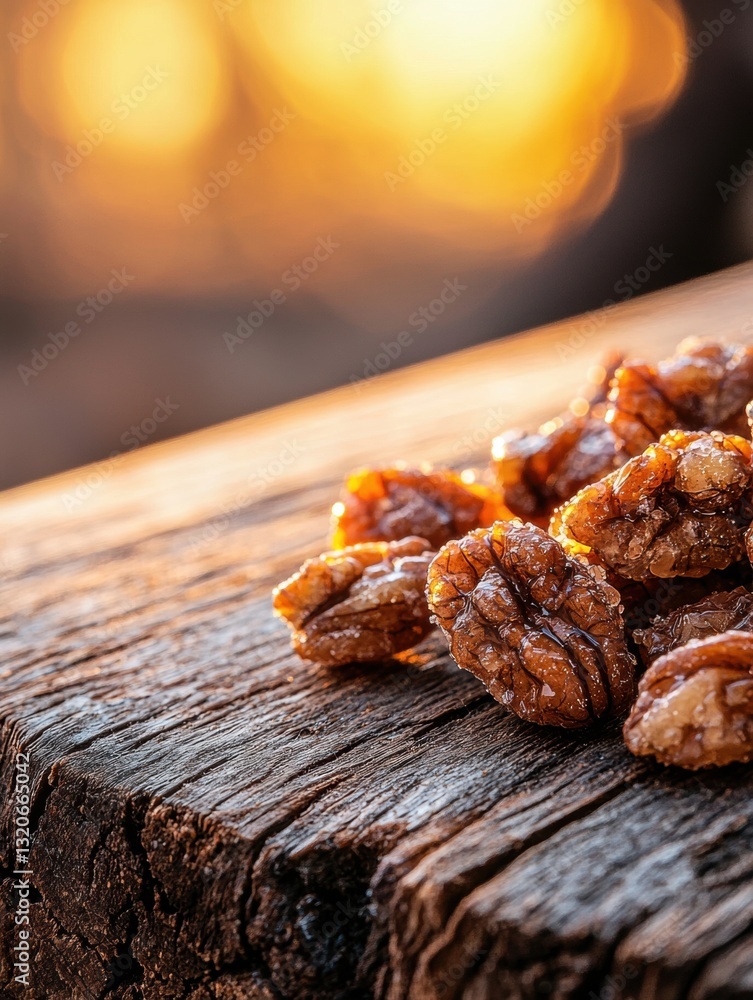 Poster close-up of a wooden surface with a group of nuts scattered on it. the nuts appear to be candied and
