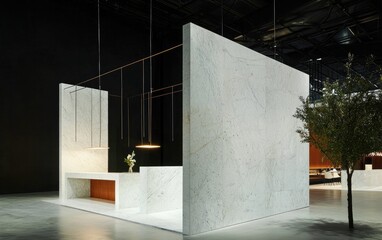 Modern minimalist exhibition booth design with speckled white walls, wooden accents, and sleek lighting fixtures. A small tree adds a touch of nature to the contemporary space