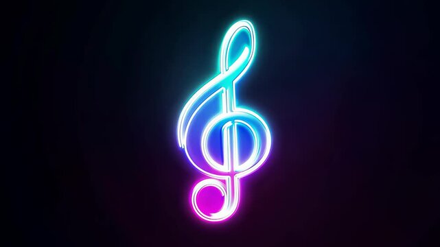 Neon colorful treble clef with lighting waves, musical and design elements , concept of entertainment, design