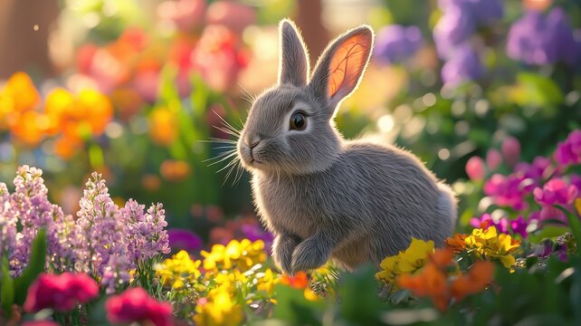 National pet day with playful and love idea. Fluffy rabbit among colorful blooming flowers.