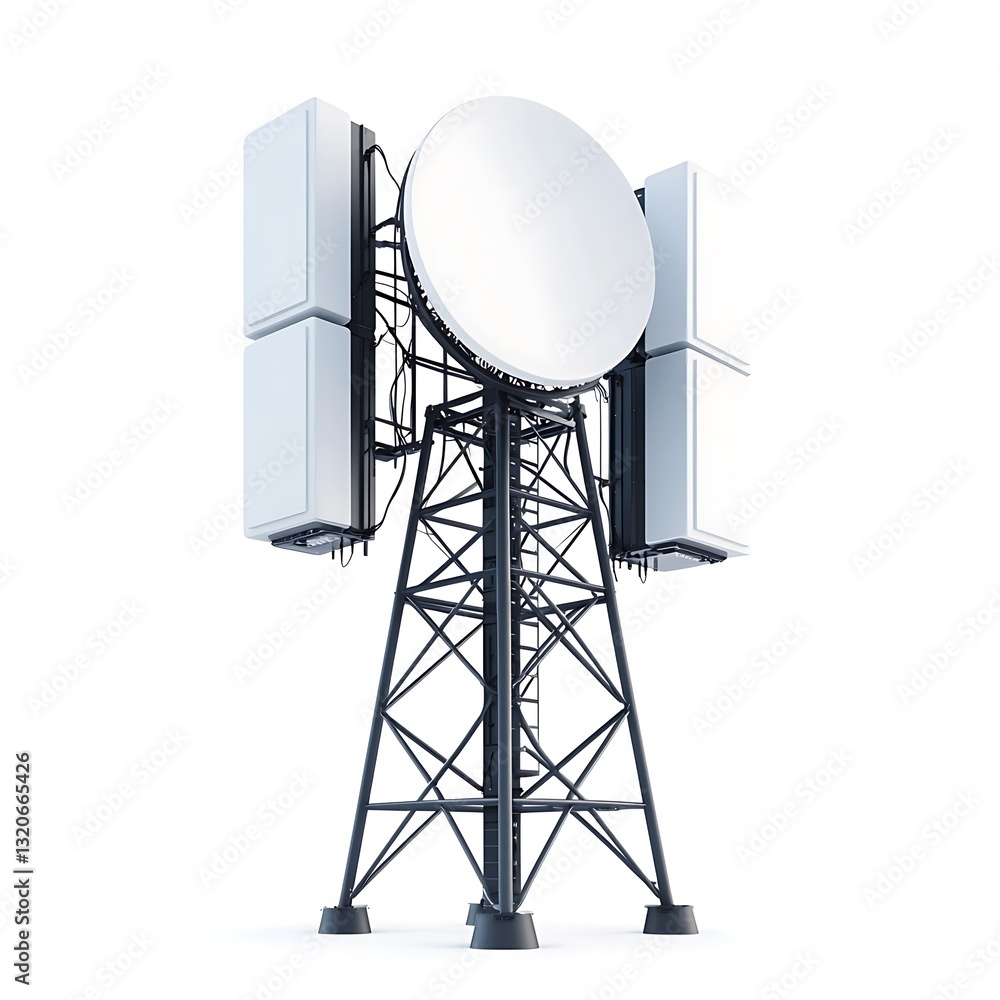 Poster a tall communication tower with multiple antennas and a large satellite dish, designed for transmitt
