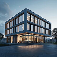 Fototapeta premium Futuristic office building with curved glass facades and LED lighting. Innovative architectural design emphasizing modern corporate aesthetics. Generative AI.