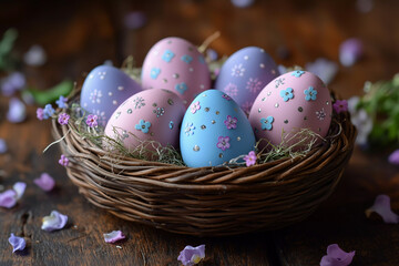 Fototapeta premium a basket filled with lots of colorful eggs on top of a table next to confetti flakes
