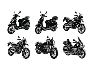 Obraz premium Different types of scooters and touring motorcycles silhouette isolated on white background