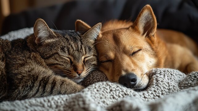 National pet day with playful and love idea. Two pets cuddling peacefully on a blanket.