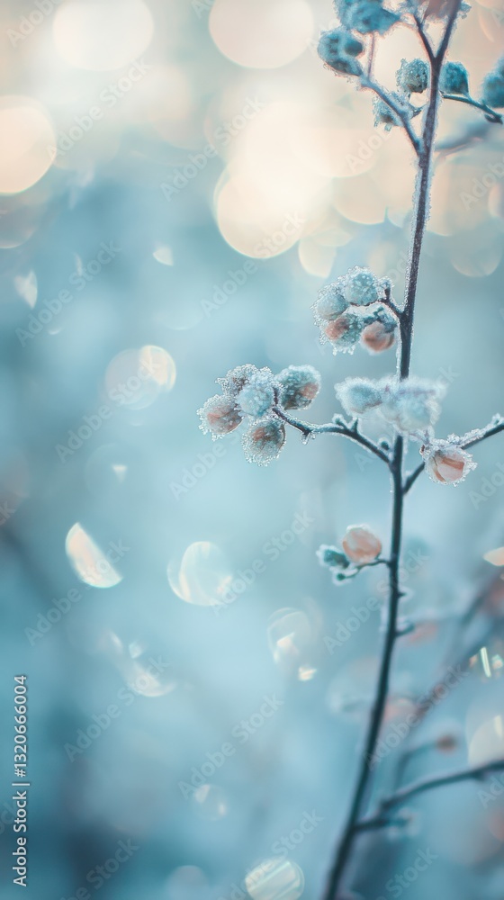 Poster Cool-toned bokeh lights illuminate frosted branches and delicate berries in a winter wonderland setting