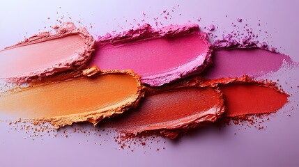 Four vibrant lipstick smears pink, fuchsia, orange, red create an appealing makeup palette on a light purple background.