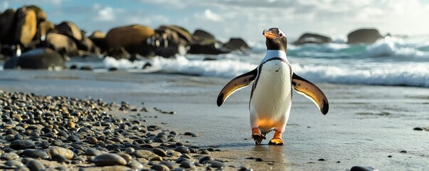 A penguin walking on a sandy beach near ocean waves freely