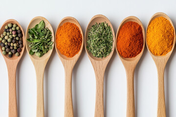 Colorful Variety of Spices and Herbs on Wooden Spoons